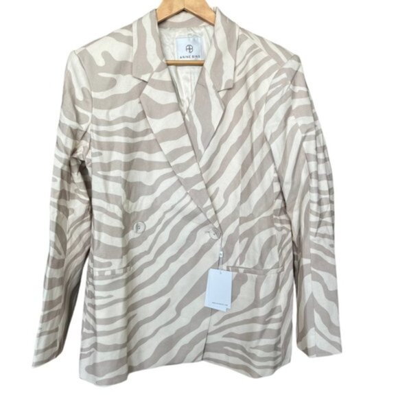NWT Anine Bing Kaia Blazer Oversized Linen Blend Zebra Stripe Double Breas Sz M - Picture 2 of 11